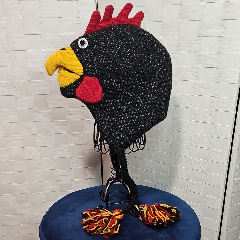 Black and Red Knit Rooster Wool Hat